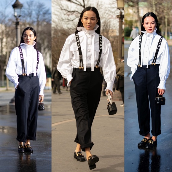 Chanel Runway Logo Black White Clip-on Suspenders - Picture 16 of 16